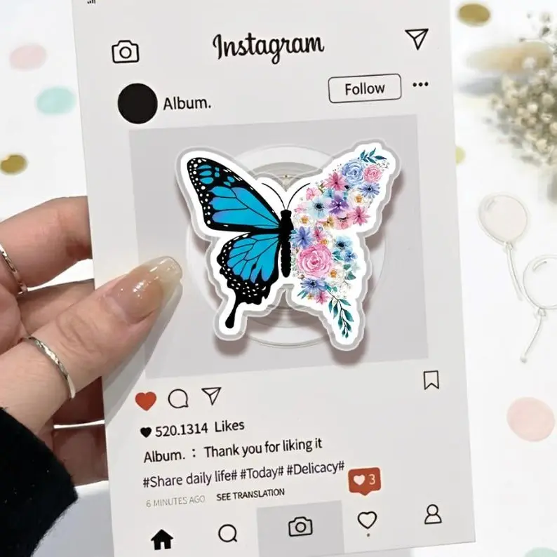 Blue Butterfly Floral Phone Grip Magsafe, Pretty Flower Phone Holder, Funny Phone Grip, Cartoon Kindle Grip, Gift for Girls Boys