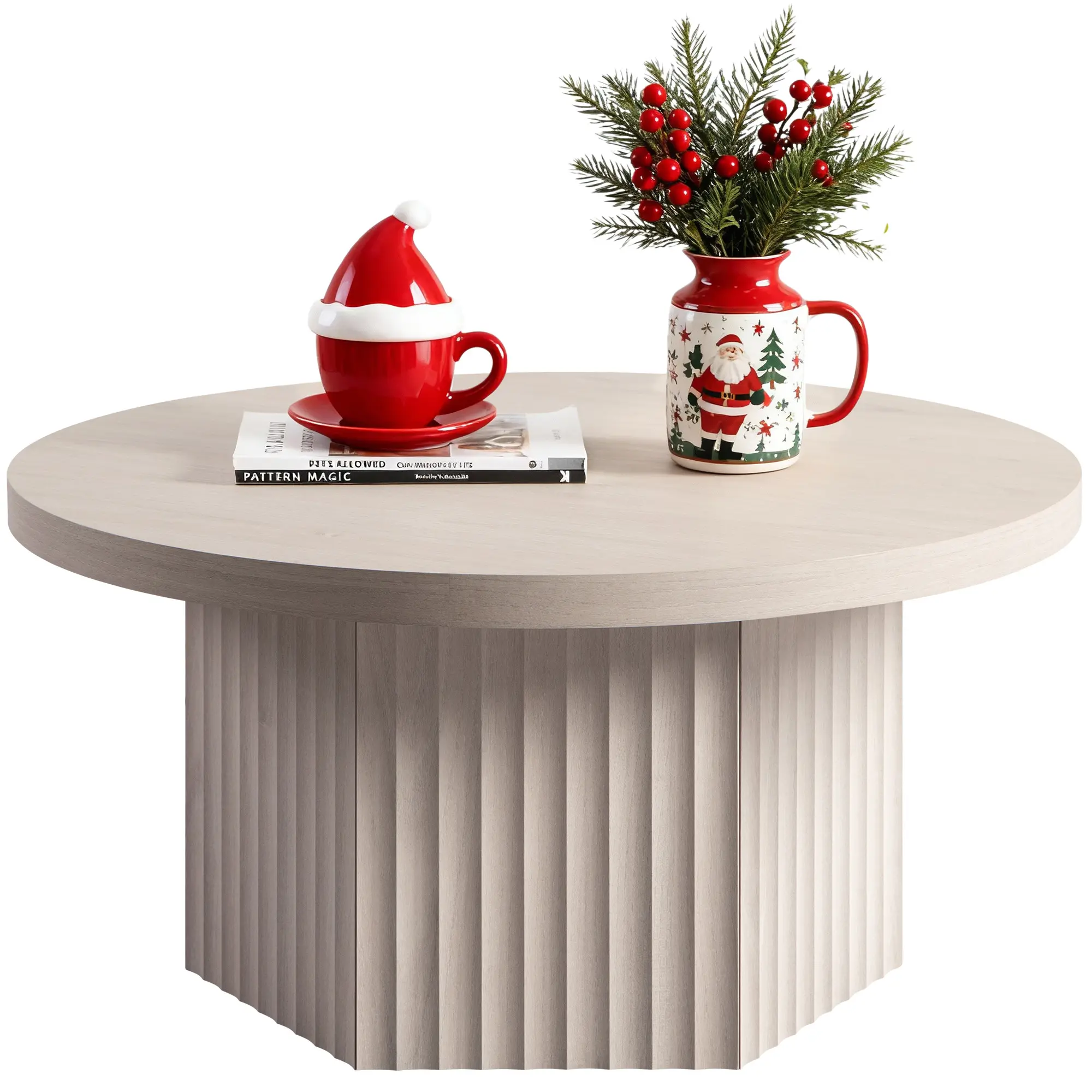 SICOTAS Round Coffee Table for Living Room, Modern Fluted Circle Center Coffee Table with Storage, 32" Accent Tea Dining Table for Apartment, Grey Alder