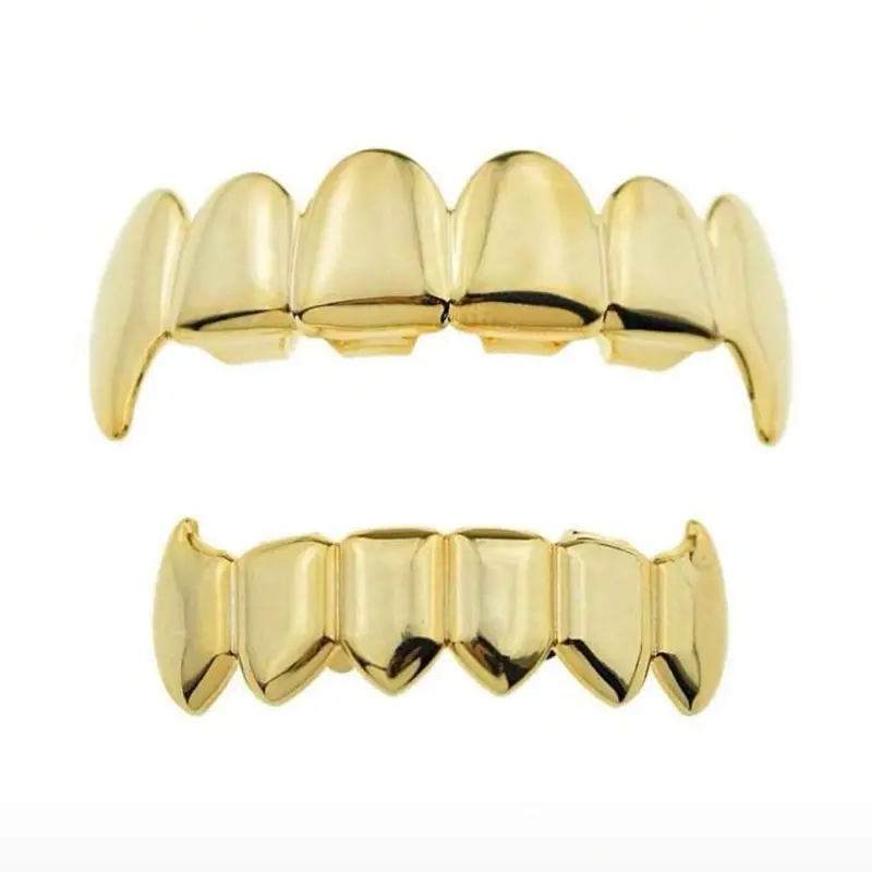 6-Tooth Metal Grillz Set with Smooth Fangs, Gothic Vamp-Punk Fake Teeth for a Classic Vampire Look, Set Pack
