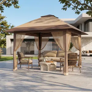 YJ-Garvee 13x13FT Pop-Up Gazebo, Outdoor Canopy with Mosquito Netting and Privacy Screen, Pavilion Tent for Patio, Backyard, Garden, Lawn, Deck(Khaki)