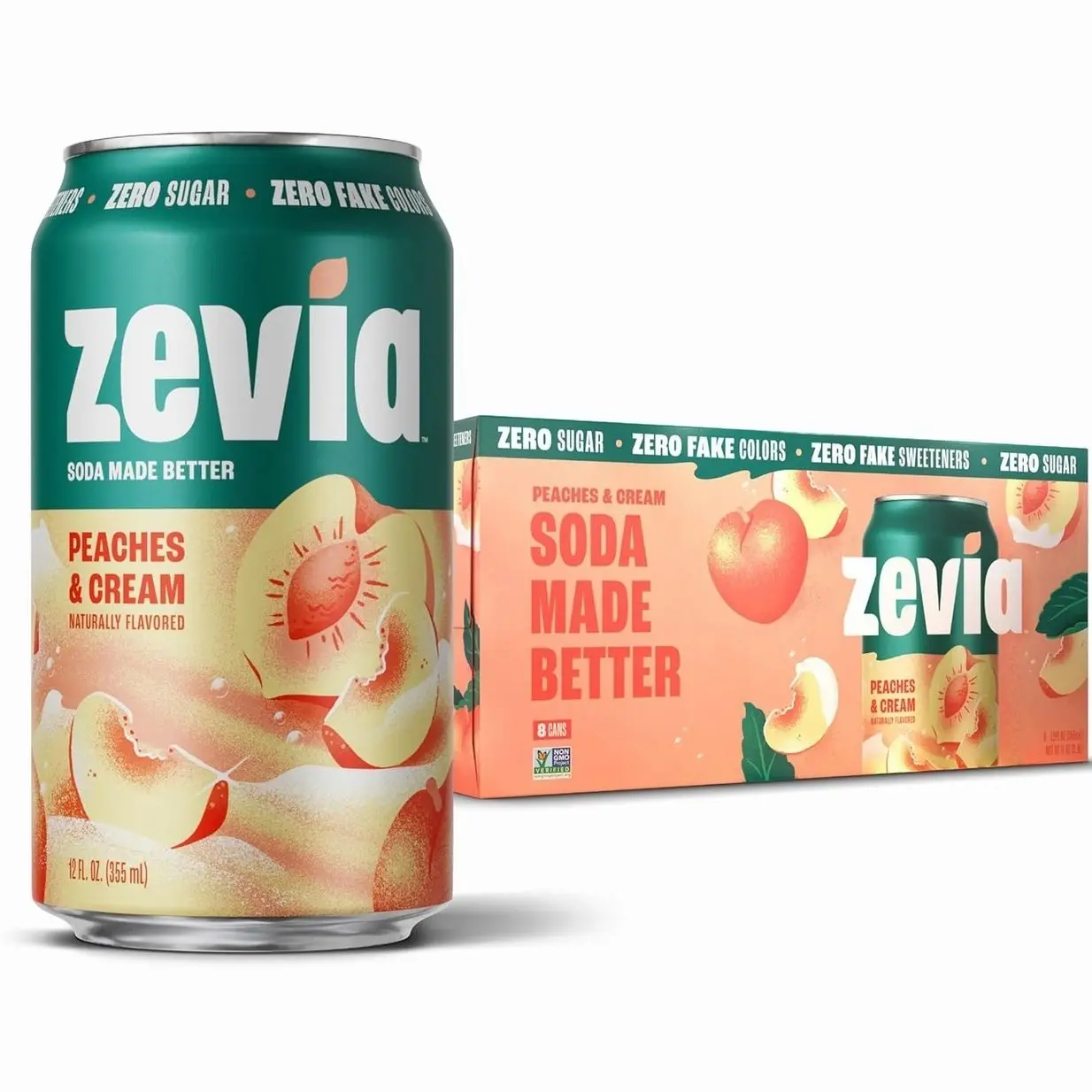 Zevia Zero Sugar Soda, Peaches and Cream, 12 oz Cans (8-Pack) – Caffeine Free, Naturally Sweetened, No Calorie Soda - Non-GMO Project Verified, Gluten-Free, Vegan