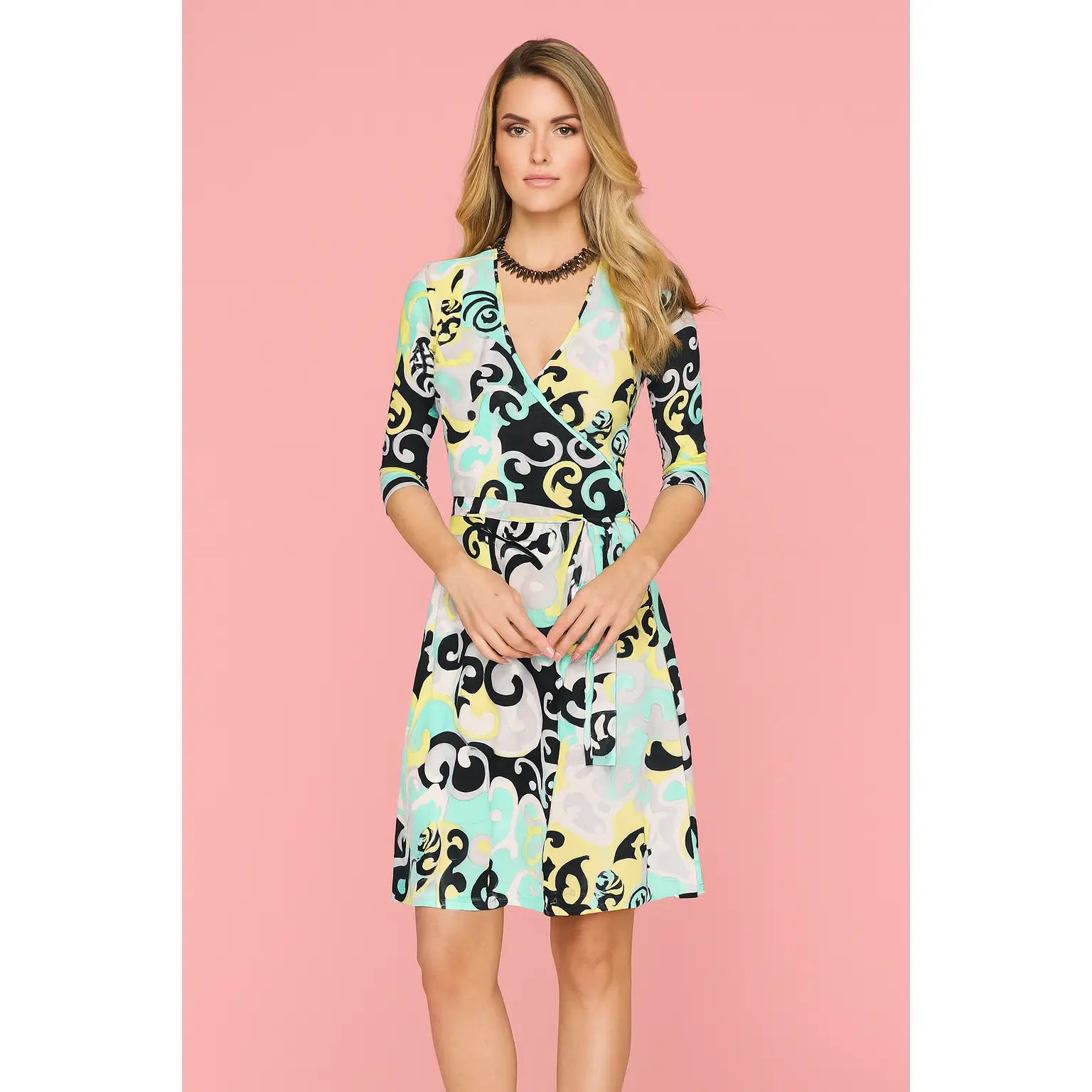 Harmonia faux wrap dress in mint and black print jersey