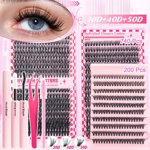 200/740pcs Cluster Lash Book Set for Individual Cluster Lashes, Fluffy Volume Eyelashes, Featuring a Natural Wispy Fluffy Appearance, Reusable D-Curve Mixed Bundles Ranging from 9-16Mm, Soft And Comfortable, Perfect Eyelash Gift for a Friend