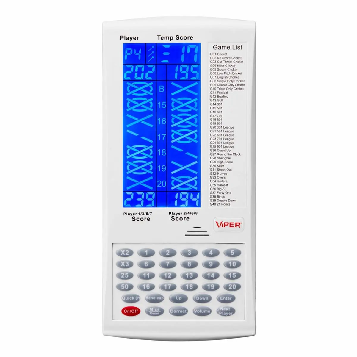 Viper ProScore Electronic Dart Scoreboard (37-0128) - Automatic Scoring, Backlit Display, Over 600 Games, Steel Tip, White