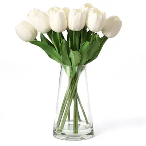 【GARVEE】Artificial Tulip Flowers in Glass Vase with Realistic Water – White Faux Tulip Arrangement – Elegant Silk Floral Centerpiece for Home, Restaurant, Wedding Decor – 1.7''W x 14''H