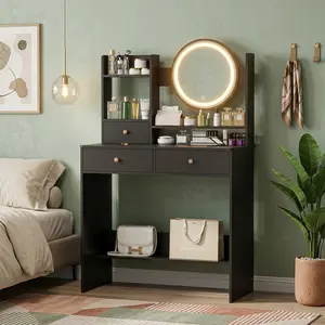 LED Lighted Mirror Makeup Vanity Desk with 3 Drawers Open Storage Shelves 3 Color Dimmable Lights Modern Dressing Table Cosmetic Organizer Dresser Table Ideal for Bedroom Dorm Home Beauty Salon Daily Makeup Use