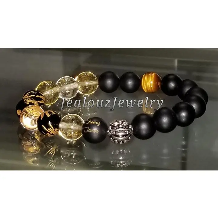 Classic Fortune Protection Against Negative Energy Citrine Matte Black Onyx Lucky Gold Dragon Gemstone Bracelet