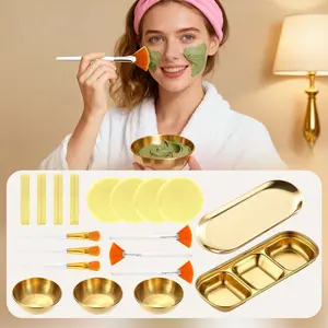 23PCS Esthetician Supplies 3 Stainless Steel Golden Mixing Bowls 1 Golden Small Serving Tray 3 Compartment Serving Tray 3 Facial Fan Brushes 3 Face Mask Applicator Brush 12 Facial Sponge Compressed Round
