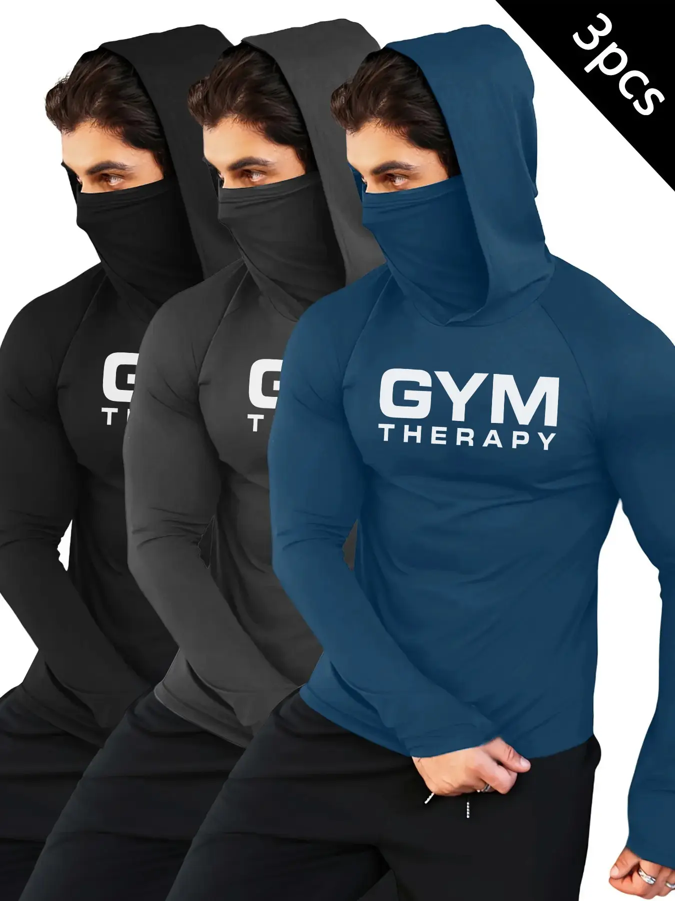 Men's Tactical Style Hooded Compression Training Shirt Tops, "GYM THERAPY" Print Activewear Gym Workout Shirts, Fitness Clothes Tops, Fitness Athletic Streetwear Tops for Work, Outings #springsaledeals2026 #summeroutfits #fyp #menstreetwear
