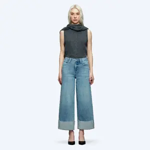 High Waisted Wide Leg Jeans for Women, Vintage Washed Denim with Cuffed Raw Hem, Casual Loose Streetwear