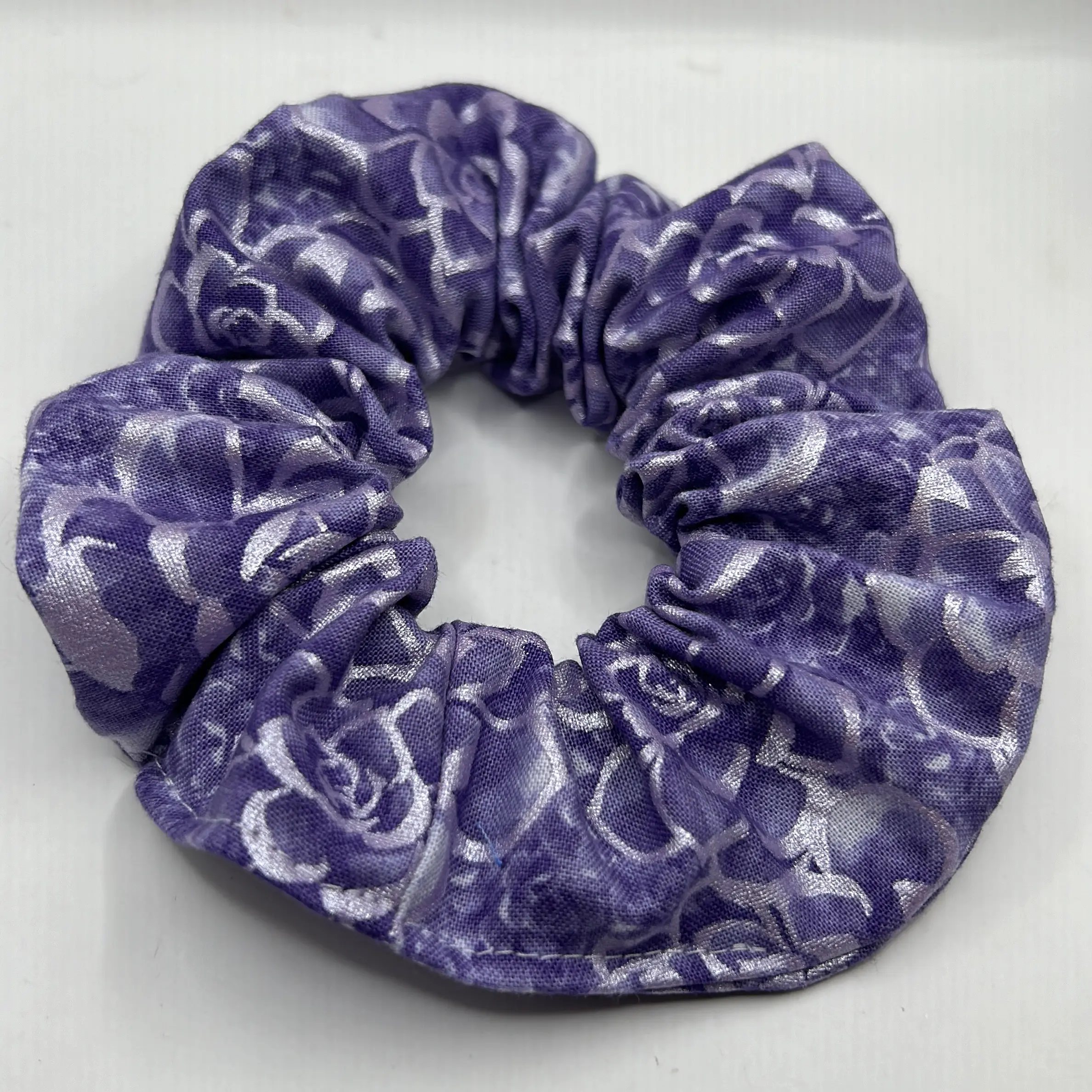 New purple, silver flower scrunchie