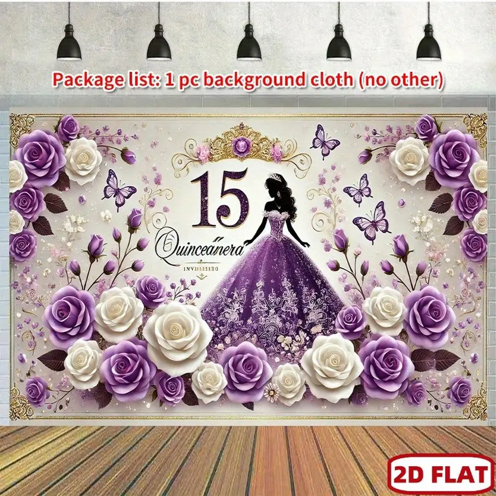 1pc Feminine 1-Piece Large Size Silk Polyester 15th Party Ready Quinceañera Princess Backdrop - Purple-Golden Geometric Flower, Butterfly Accents, Sweet Glam Ribbon, 15 Centerpiece Floral Banner for Girls' 15th Birthday Decor, Party Decoration
