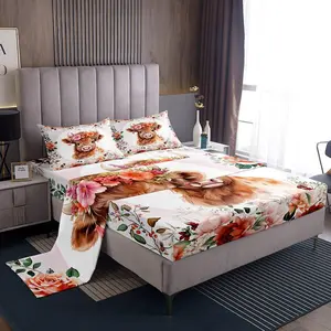 Feelyou Cute Highland Cow Bed Sheet Set - Soft Bedding with Deep-Pocket Fitted Sheet, Flower Print Decorative Bedsheet Sets, Breathable Durable Farm Zoo Theme Luxury Linens, Breathable Durable Sheets, Soft Bedding Sheet