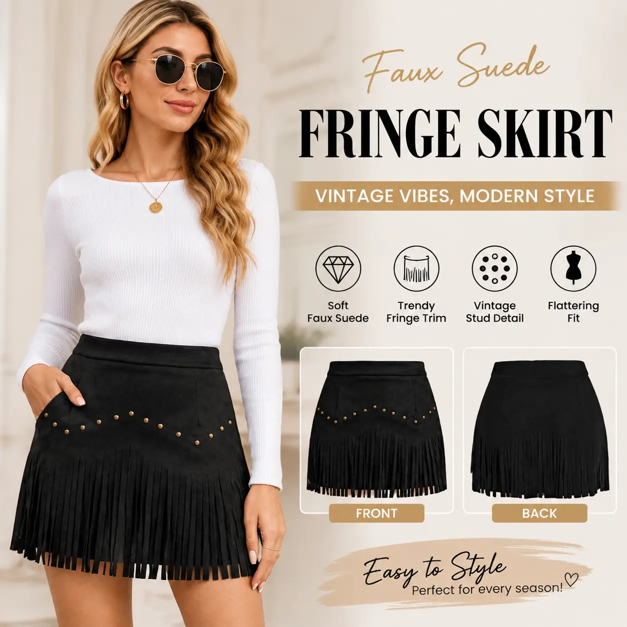 Women's 90% Polyester 10% Elastane Faux Suede Skirt, Vintage Stud Detail Fringe Trim A-Line Mini Skirt, High Waist Soft Stretch Casual Western Style Skirt for Fall Outfits