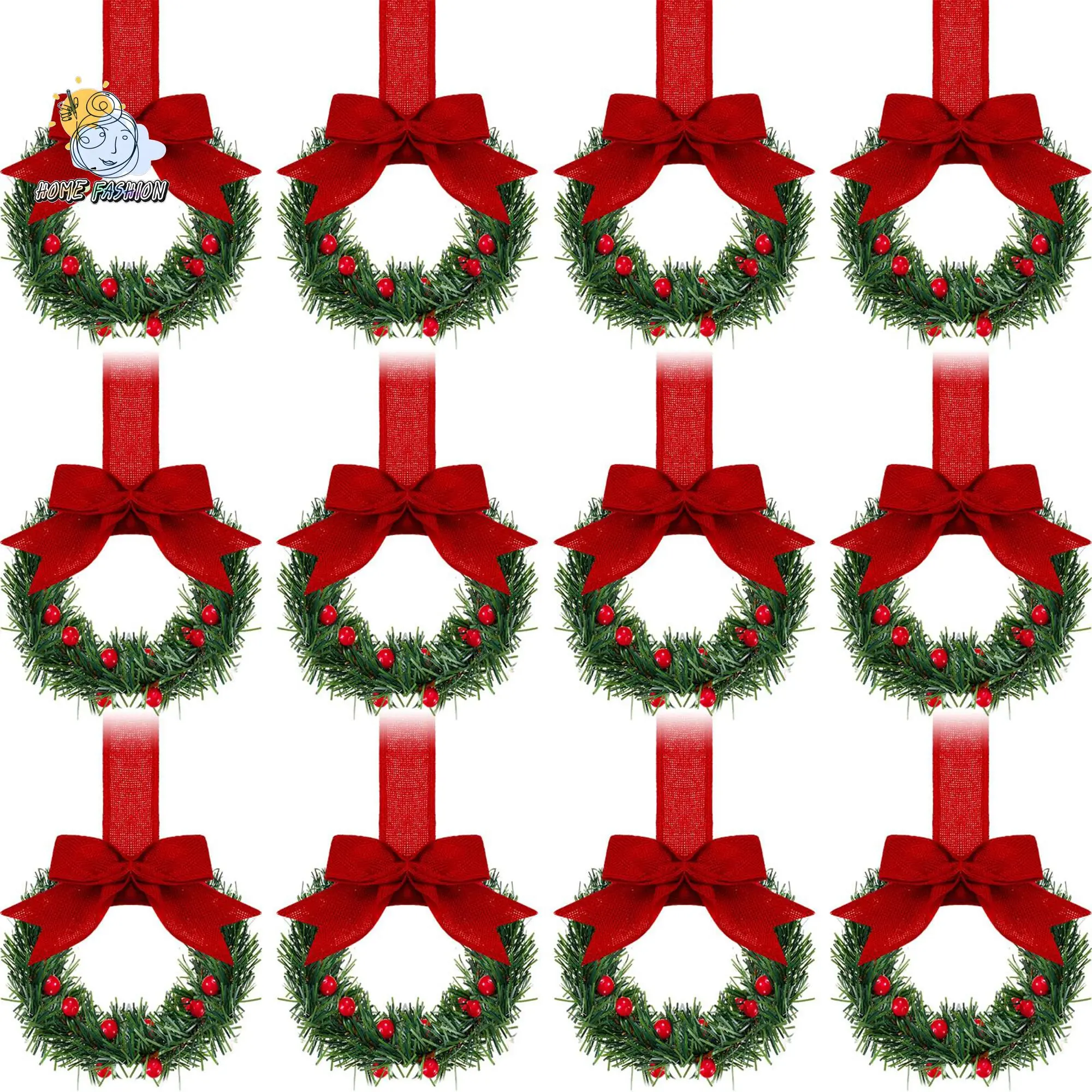 12 Multicolor Plastic Unisex Christmas Mini Wreaths with Ribbon Bows, Berries for Kitchen Cabinet Hanging, Wall Decor, Front Door Festive Party Home Decorations