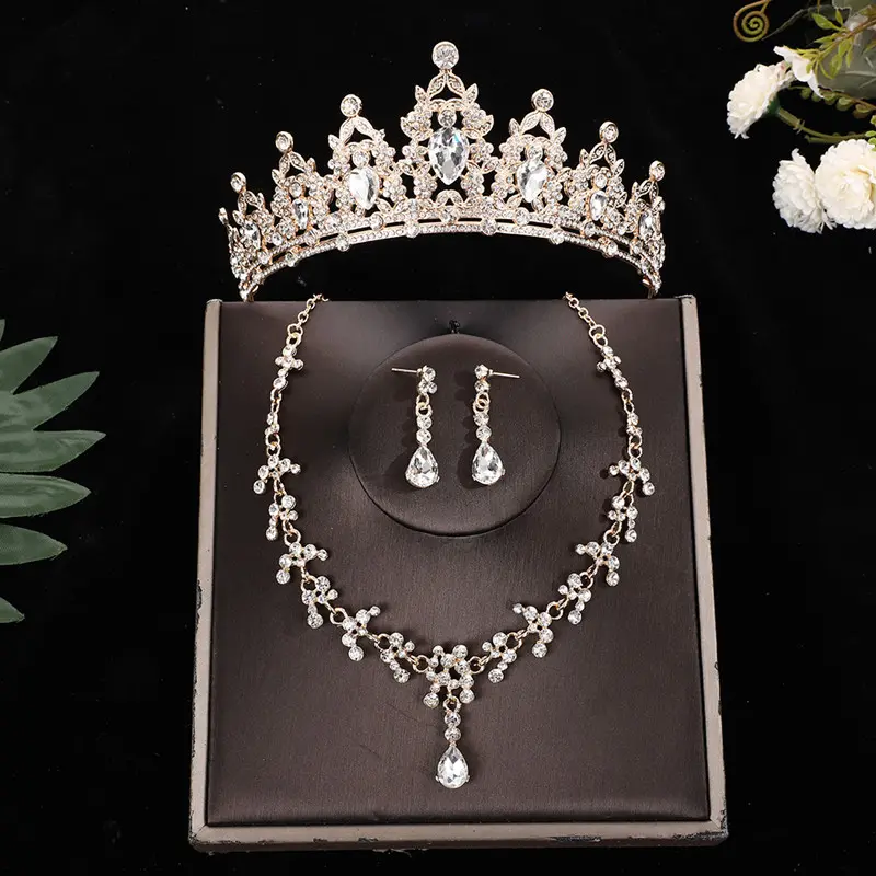 Gold background white crown necklace ear