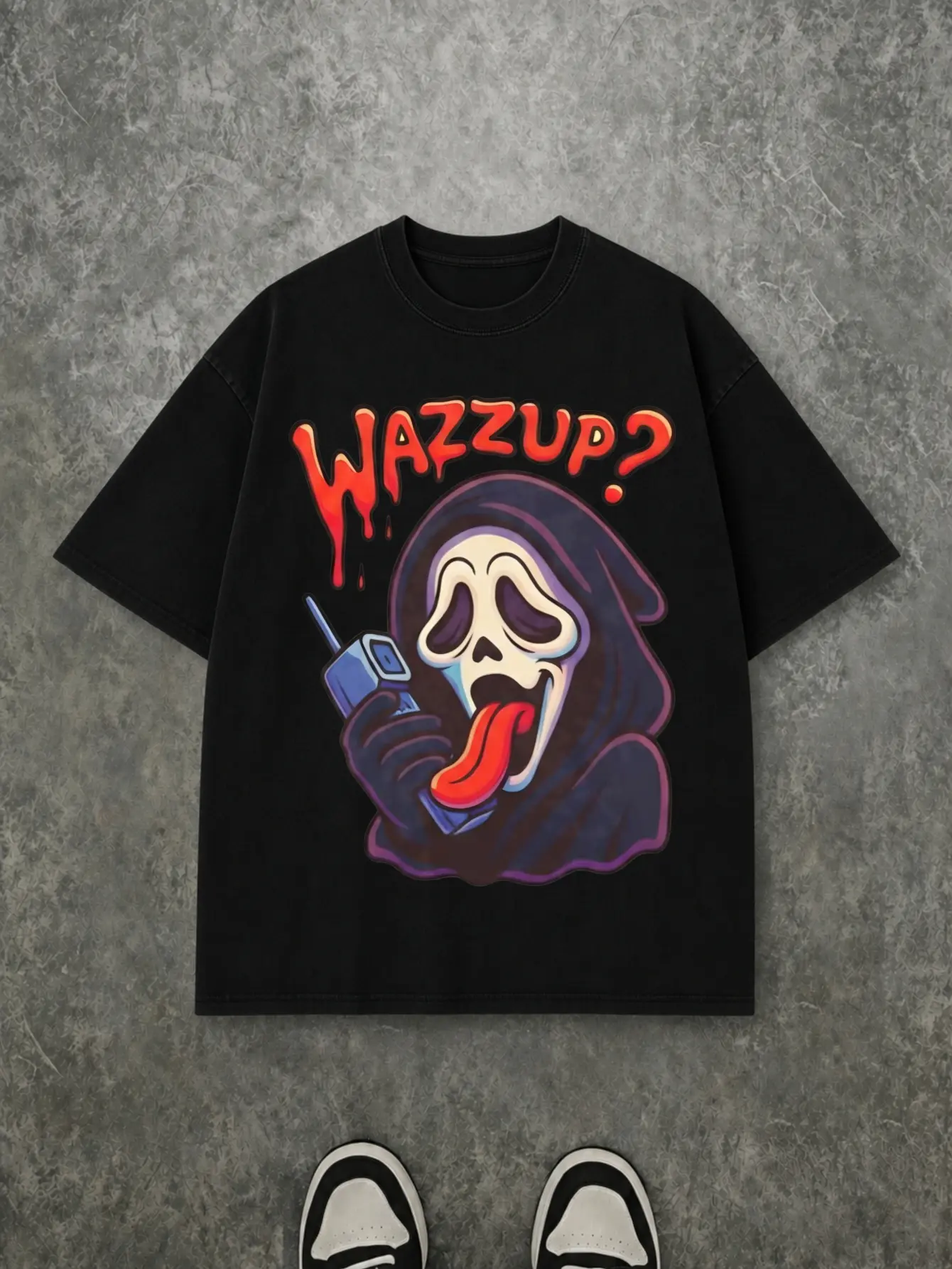 Vintage Washed Black T-Shirt Funny Ghostface Wazzup Drip Tongue Retro Scream Horror Movie Graphic Tee Spooky Halloween Oversized Casual Cotton Top For Men Women