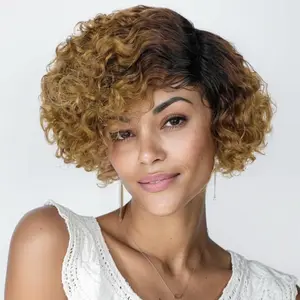 Gieswy hair 6inch T1B/27 Color & 1B Color Women's Short Curly Bob Wig with Bangs, 6 Inch Curly Real Hair Wigs, Real Human Fiber, Full Machine Made, Perfect for Daily Wear