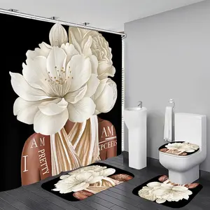 4 Pcs Black Girl Shower Curtain Sets African American Woman White Rose Floral Quotes Non-Slip Rugs Bath Mat Toilet Cover U Shaped Mat Shower Curtain with 12 Hooks Bathroom Set
