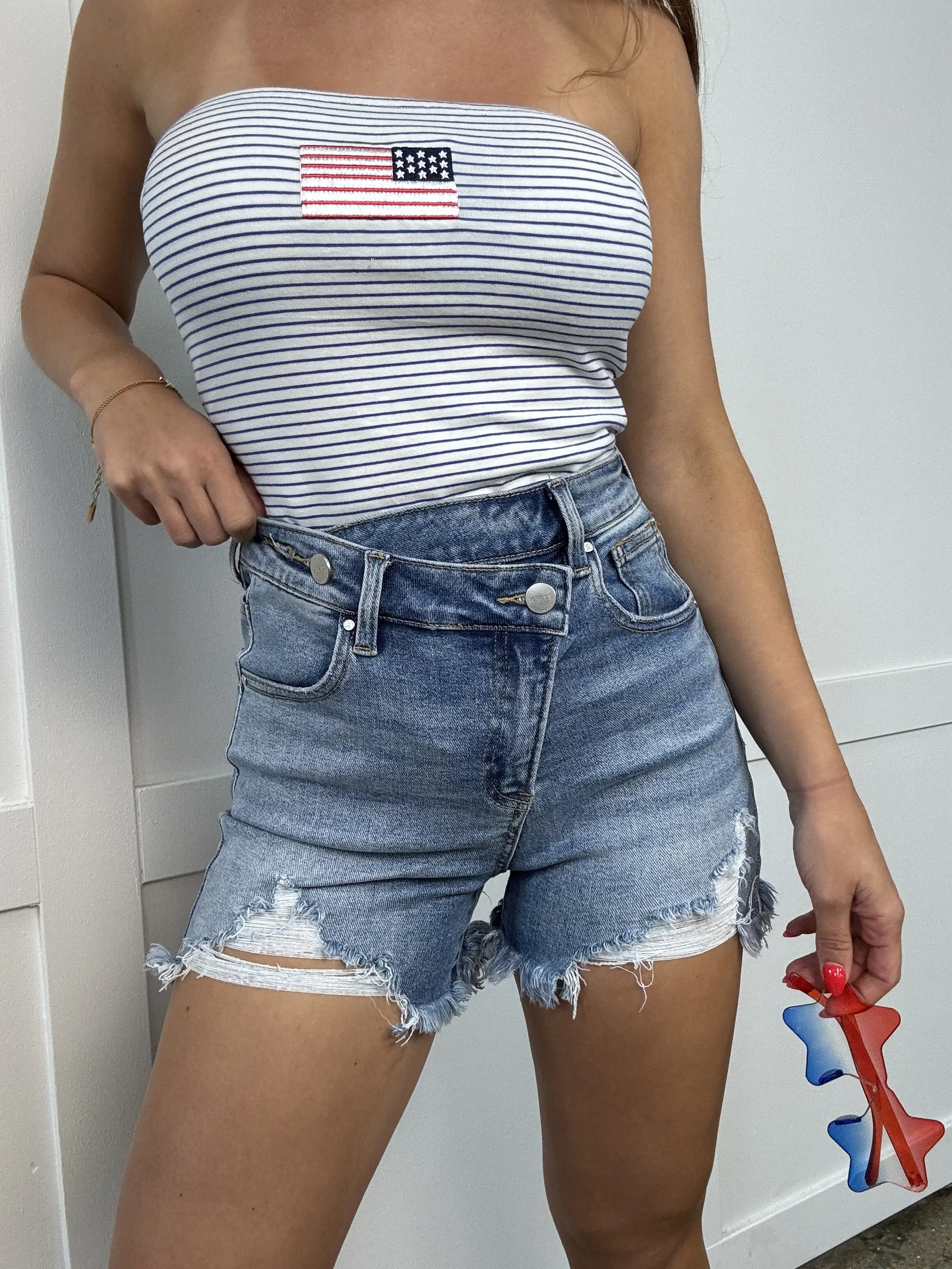 Lindsey Asymmetrical Distressed Shorts- Medium Wash