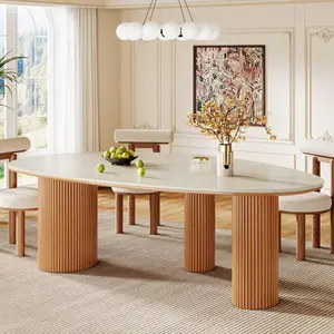 Tribesigns Modern Stone Dining Table With Solid Wood Legs for Six - Oval Shaped Kitchen Room Furniture