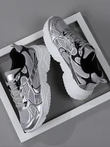 Silver Color High-Quality Men's Casual Shoes, Comfortable Sporty Outdoor Sneakers, Medium Width, All Seasons, Rubber Sole, Textile Upper