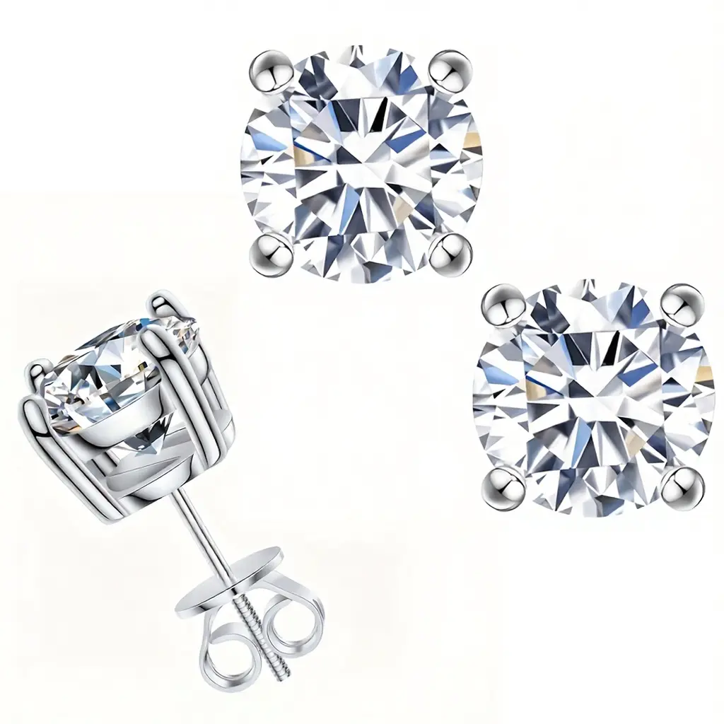 2-Carat (x2) Zircon Stud Earrings | Screw-Back Closures | 8mm | 4 Total Carats | Silver-plated | Custom-Made | Ideal Gift for Weddings, Birthdays, Anniversaries, New Year, Mother's Day, Christmas, and Thanksgiving