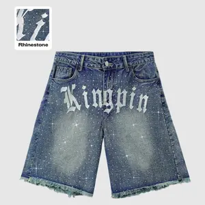 Men's Cotton Y2K Rhinestone Letter Denim Shorts, Vintage Blue Washed Baggy Jean Shorts with Gothic "Kingpin" Print & Starry Studs, Grunge Streetwear Jorts for Men