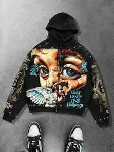 Angel Eyes Print Zip-Up Pullover Hoodie Sweatshirt Unisex, Full Print Starry Sky Geometric Aesthetic Hoodie Sweatshirt Men's, European and American Streetwear Trendy Warm Sports Sweatshirt American Vintage, Casual Streetwear Sweatshirt