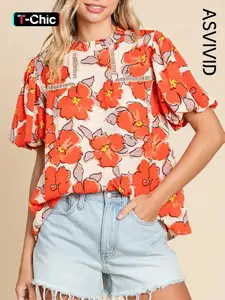 Women's Elegant Floral Print Puff Sleeve Frill Round Neck Loose Blouse Shirts Top