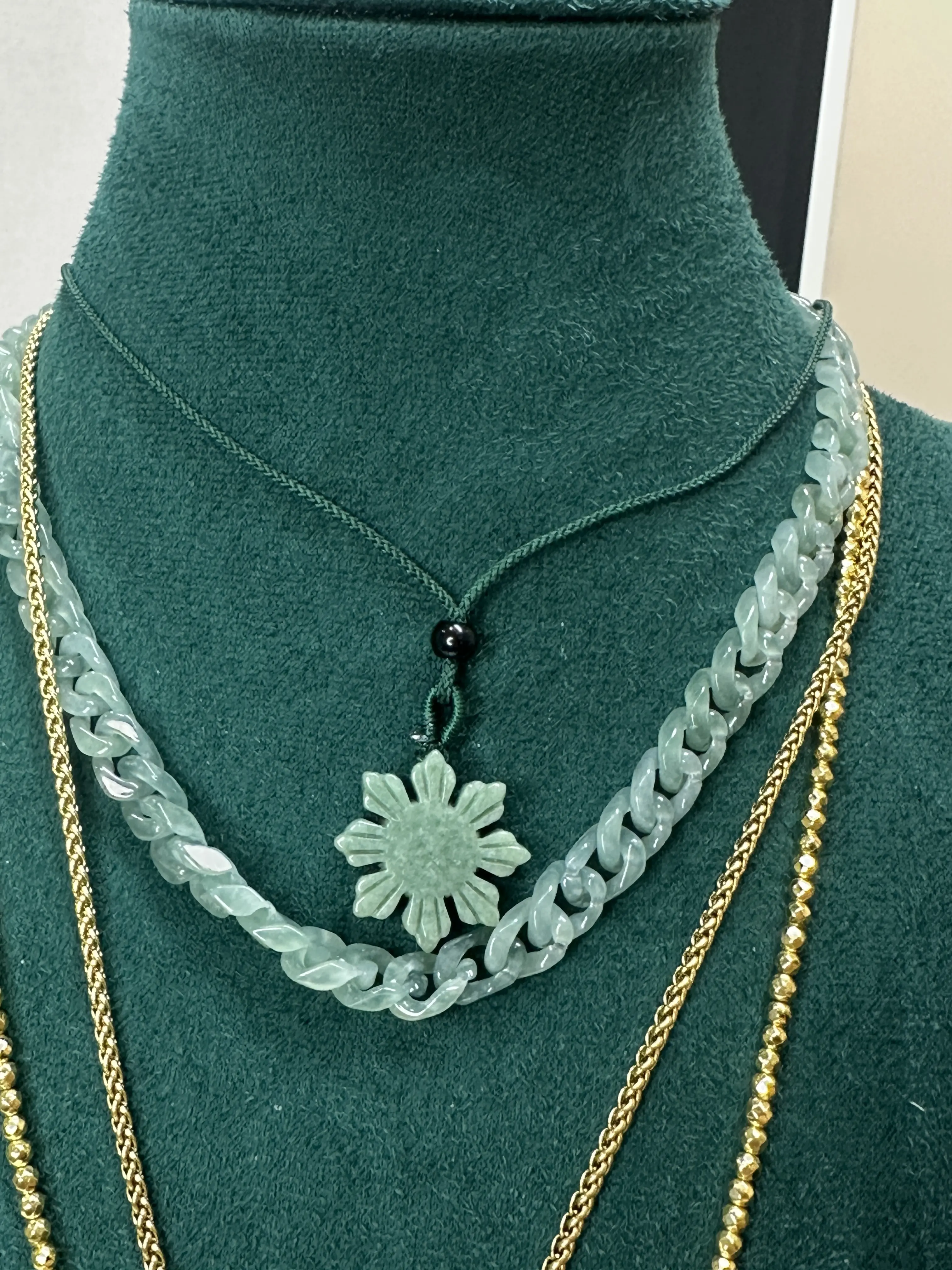 Natural Jadeite Flower Pendant Necklace with Black Cord and Bead