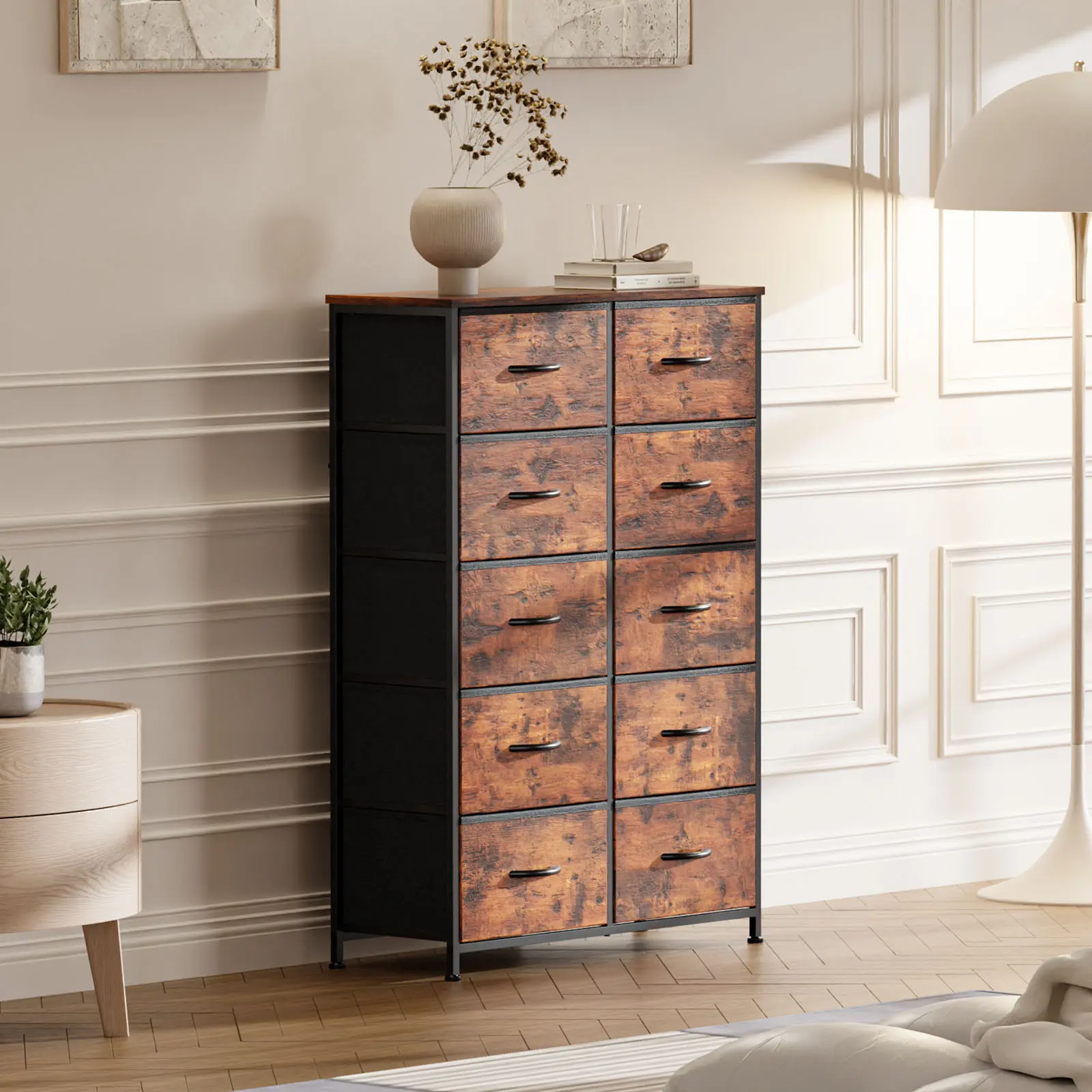 SweetFurniture Dresser,Tall Drawer Organizer Storage Drawers Fabric Storage Tower with 10 Drawers, with Fabric Bin, Wood Top for Bedroom, Closet