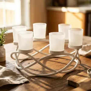 Iron Round Table Decor Centerpiece Candle Holder for Weddings Outdoor Patio Kitchen Dining Room and Coffee Tables Glass Votive Tealight Holders White 6 Clear Cups