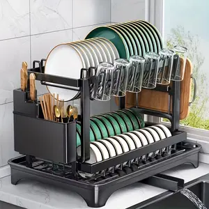 Dish Rack, 2 Tier Utensil Holder, Rustproof Kitchen Dish Drying Rack With Drainboard And Utensil Holder For Kitchen Countertop, Kitchen Accessories