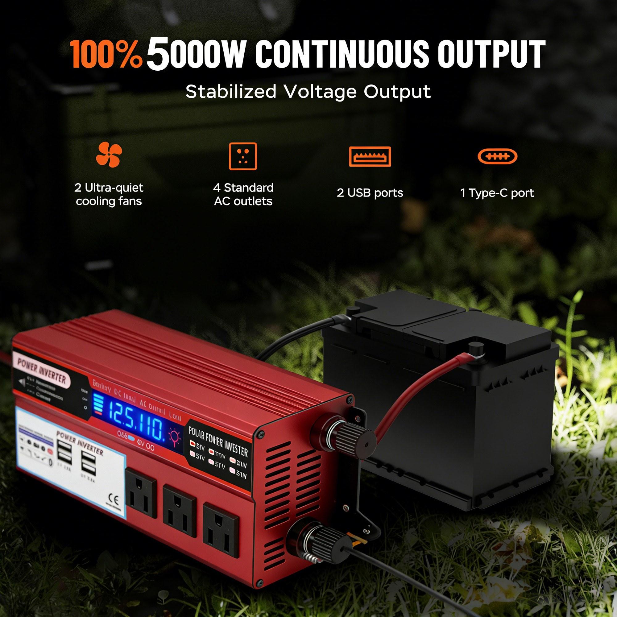 High Power 5000W Peak Car Power Inverter DC 12V to 110V AC Portable Power Inverter for Vehicles Built-in Cooling Fan Multi-Protection System 4 USB Fast Charging Ports 3 AC Sockets Ideal for RV Truck Boat Camping Outdoor Travel Emergency Use