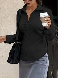 Pure Color Front Pleated Button Design Casual Classy Elegant Shirt, Waist Cinching Fitted Long Sleeve Collared Office Blouse, Professional Workwear, Lady Womenswear Top