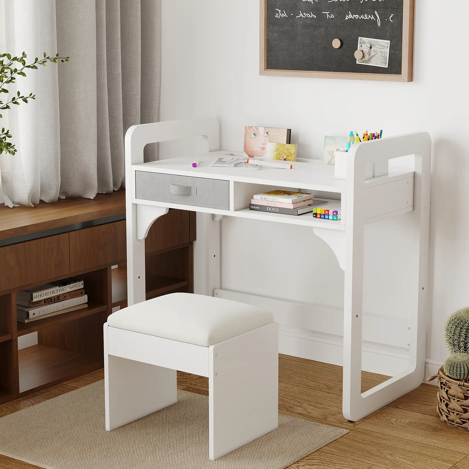 Kids Desk and Chair Set – Wooden Study Table with Cloth Drawers and Pen Holder, Student Writing Desks and Soft Stool