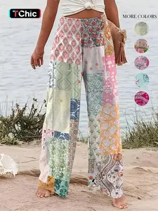 Women's Patchwork Print Elastic Waist Wide Leg Pants, Casual Loose Pants, Boho Bohemian Casual Trousers for Beach Vacation Holiday, Ladies Bottoms for All Seasons