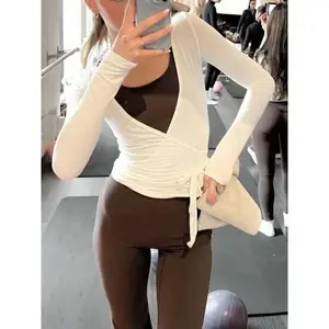 CrossWrapTieTopsDeepVNeckBandageSurpliceWrapCropTopSolidColorCasualSlimFitT-ShirtsFitnessGymYogaAthleticBlousesTopsSportswearDanceBalletDancewear