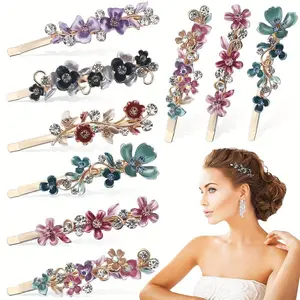 12 Pieces Vintage Flower Hair Pins Women Barrette Bobby Pins Decorative Metal Gold Tone Hairpins Colorful Floral Design Hair Clips French Rhinestone Decorative Accessories for Women Girls