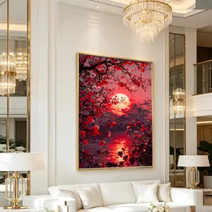 Water reflection red moon diamond painting set, suitable for adult beginners, DIY round diamond diamond art set, gemstone inlay art easy, home wall decoration 30x40cm/11.81x15.75inch Canvas