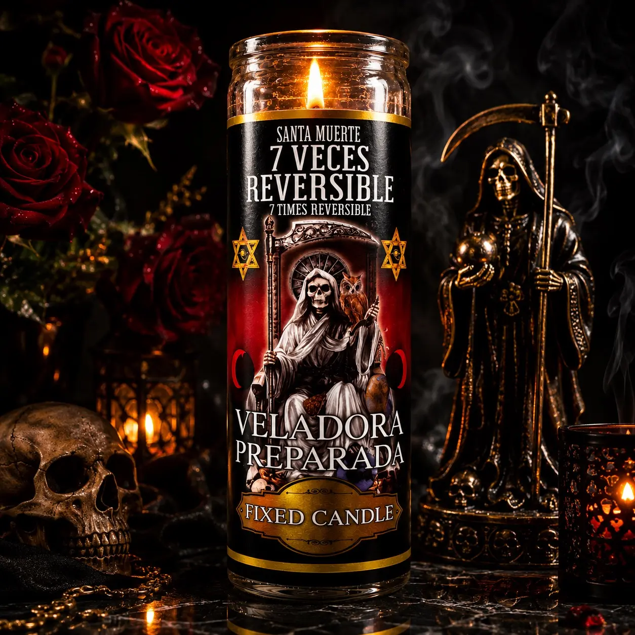 Santa Muerte 7 Times Reversible Prayer Candle- Glass Candle