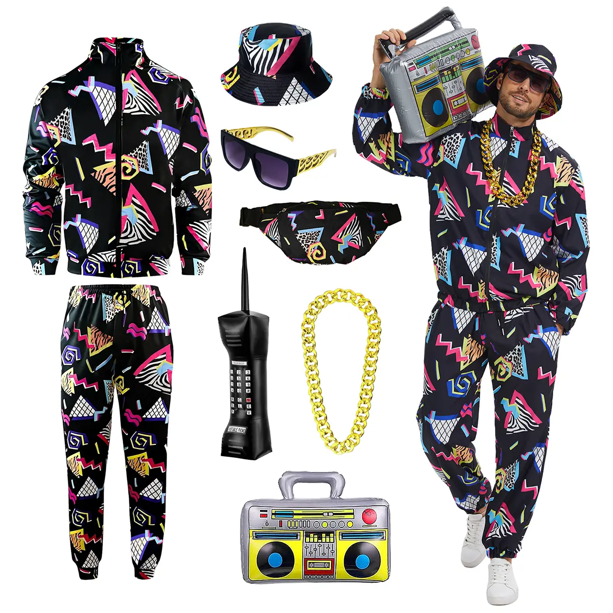 Men's 80s-90s Hip Hop Matching Menswear Costume, 8-Piece Retro Tracksuit Set with Jacket, Pants, Hat, Sunglasses, Gold Chain, Waist Bag for Party Cosplay Garment, Colorful, Geometric, Polyester, Inflatables