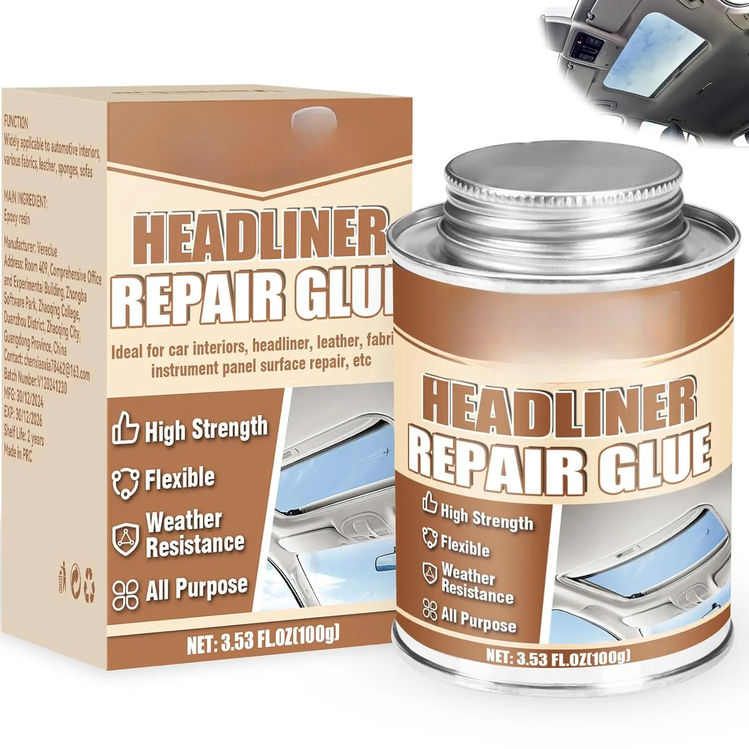 Headliner Repair Glue 100ml, Flexible Car Roof Liner Adhesive, Clear Upholstery Glue for Cars, with Brush, Suitable for Automotive interiors, Fabric, Leather