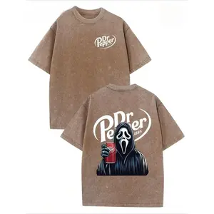 Dr. Pepper Ghost Face Horror Double-Sided T-Shirt for Men & Women, Washed Batik Retro Thick Cotton, Loose Fit, Round Neck, Short Sleeve, Ideal for Couples, Summer Streetwear