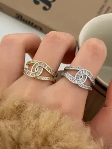 Elegant Adjustable Open Ring with Micro Zirconia Inlay, Micro Zirconia Rings, Fashionable Versatile Design, High-End Korean Japanese Style Jewelry for Women, Asymmetrical Rings, Exquisite Trendy Ring