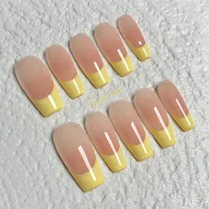 Yellow French Tip Handmade Press-On Nails, Medium Tapered Square Shape, 10pcs, French Nail Art, Fresh Pastel Clean Girl Design, Nude Solid Base & Bright Yellow French Tip, Reusable DIY Nail Kit for Spring Summer Daily Wear