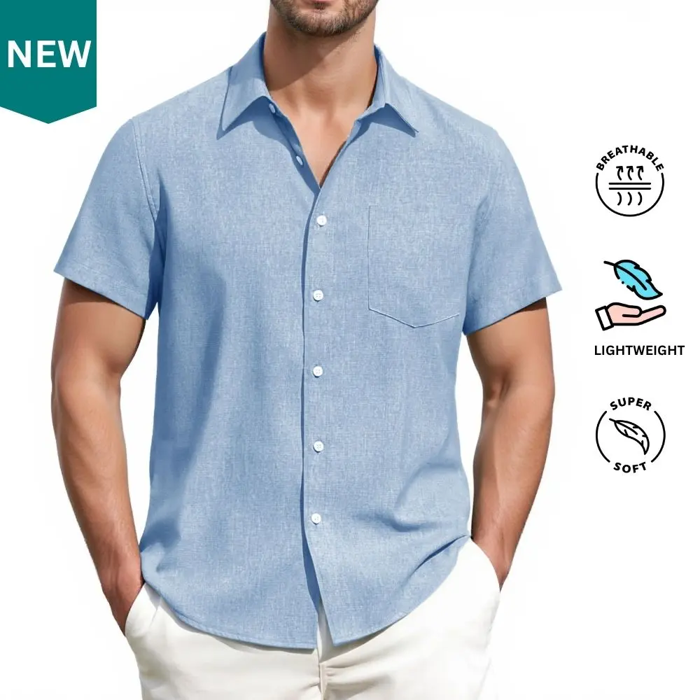 ROUWELL Men's Linen Shirts Short Sleeve Dress Shirts for Men with Pocket Vacation Beach Summer Party Wedding Casual Button Down Shirts, Lightweight Breathable Comfort Soft Fabric Spread Collar Linen Shirts for Men #BacktoSchool