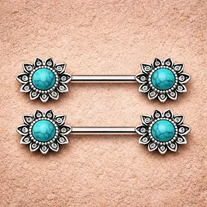 Stainless Steel Mystical Sunburst Nipple Bar with Stone Inlay