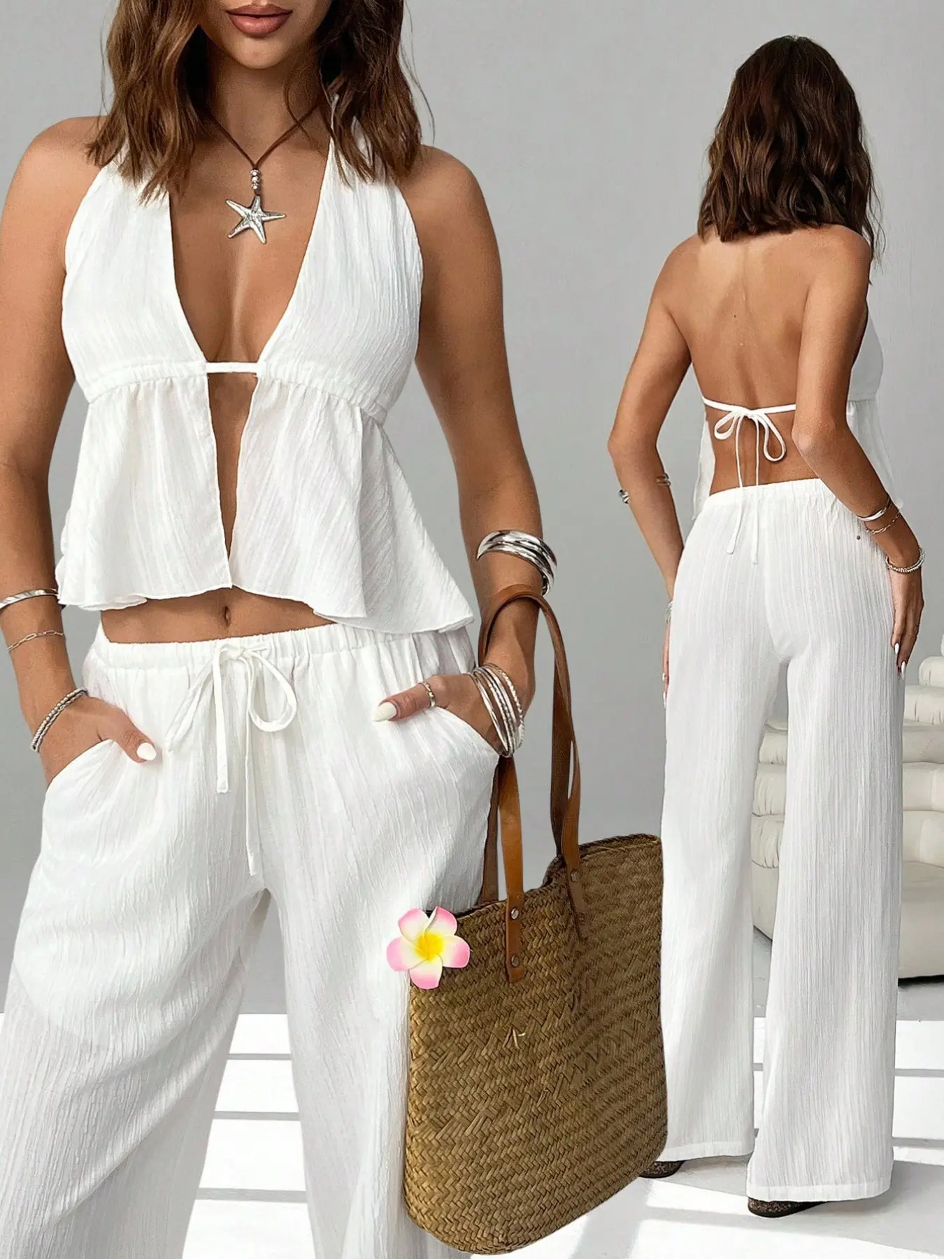 Women's 2-Piece Set, Backless Tie Neck Adjustable Fit Sleeveless Top & Solid Color Elastic Waist Straight Leg Pants, Summer Beachwear Clothes